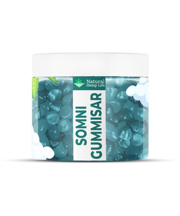 Nærbillede af Somni Gummies-glas med blå-teal søvngummier og Natural Hemp Life-etiket