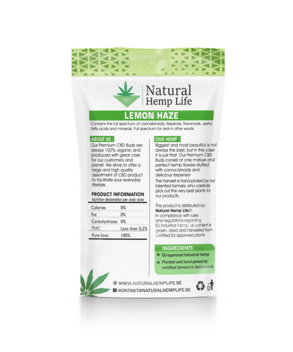 Bagsiden af Lemon Haze-emballagen med Natural Hemp Life-logo og produktbeskrivelse