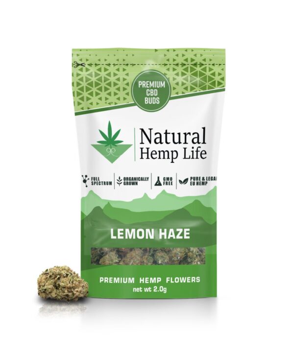 Forsiden af Lemon Haze-emballagen i grønt med Premium CBD Buds-mærkat