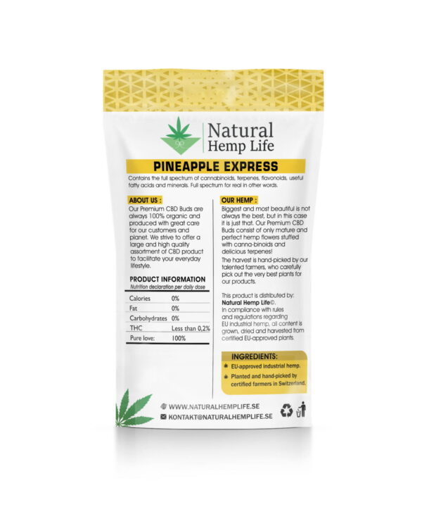 Bagsiden af Pineapple Express-emballagen med Natural Hemp Life-logo og produktbeskrivelse