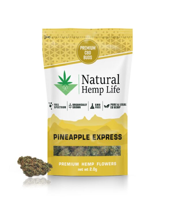 Forsiden af Pineapple Express-emballagen i gyldent gult med Premium CBD Buds-mærkat