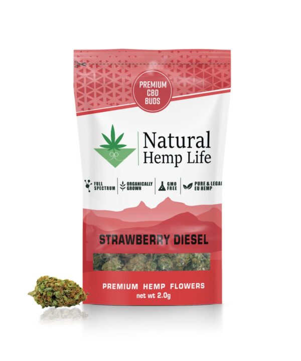 Forsiden af Strawberry Diesel-emballagen i rødt med Premium CBD Buds-mærkat