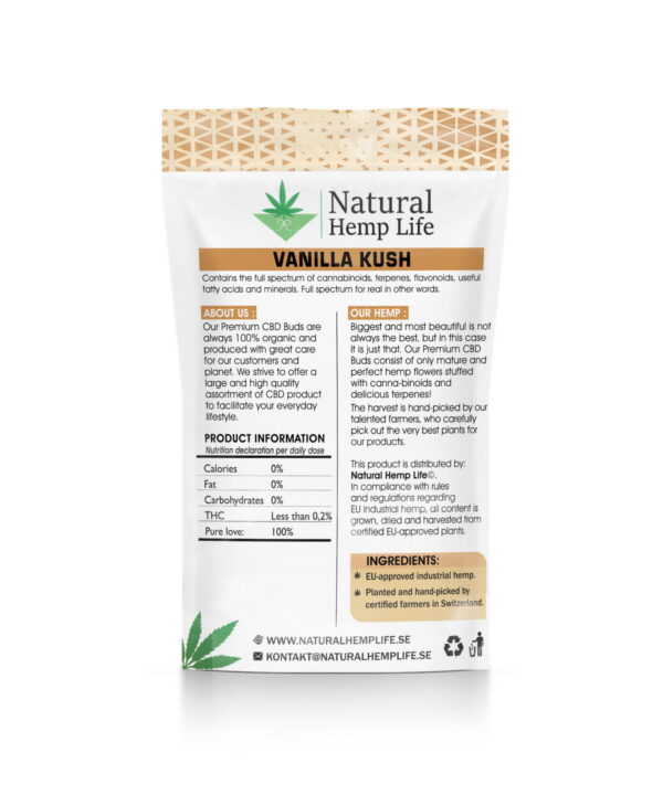 Bagsiden af Vanilla Kush-emballagen med Natural Hemp Life-logo og produktbeskrivelse