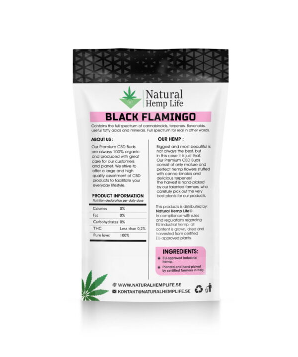 Bagsiden af Black Flamingo-emballagen med Natural Hemp Life-logo og produktbeskrivelse