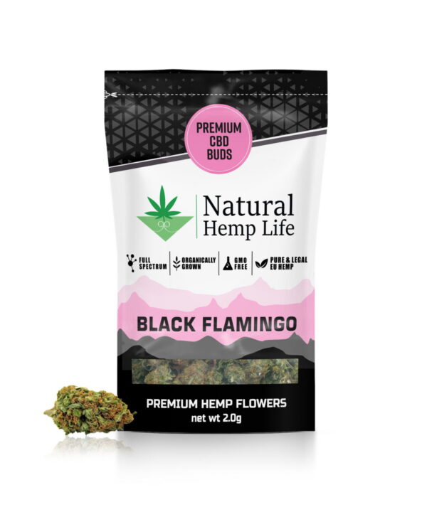 Forsiden af Black Flamingo-emballagen i sort med pink Premium CBD Buds-mærkat