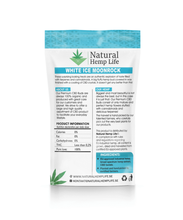 Bagsiden af White Ice Moonrock-emballagen med Natural Hemp Life-logo og produktbeskrivelse