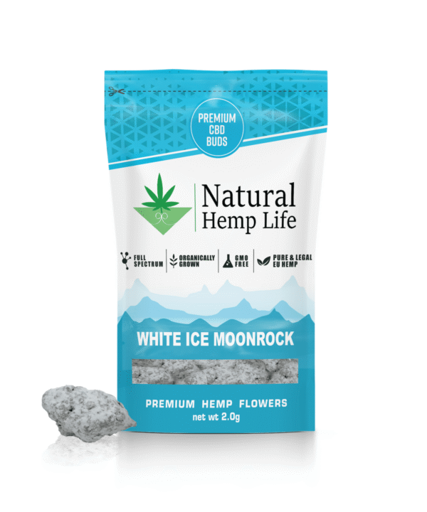 Forsiden af White Ice Moonrock-emballagen i turkis med Premium CBD Buds-mærkat