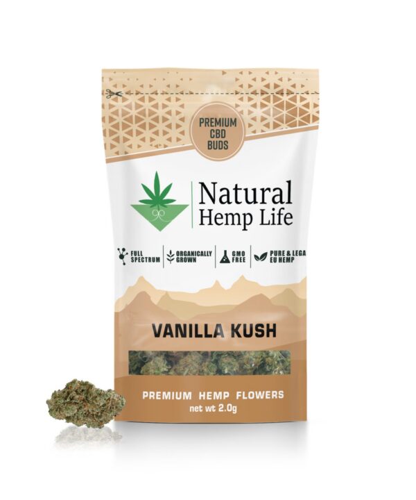 Forsiden af Vanilla Kush-emballagen i beige med Premium CBD Buds-mærkat