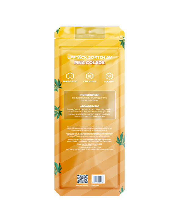 Informationspanel på Pina Colada HempyVapes-emballagen med ikoner for Energetic, Creative og Happy