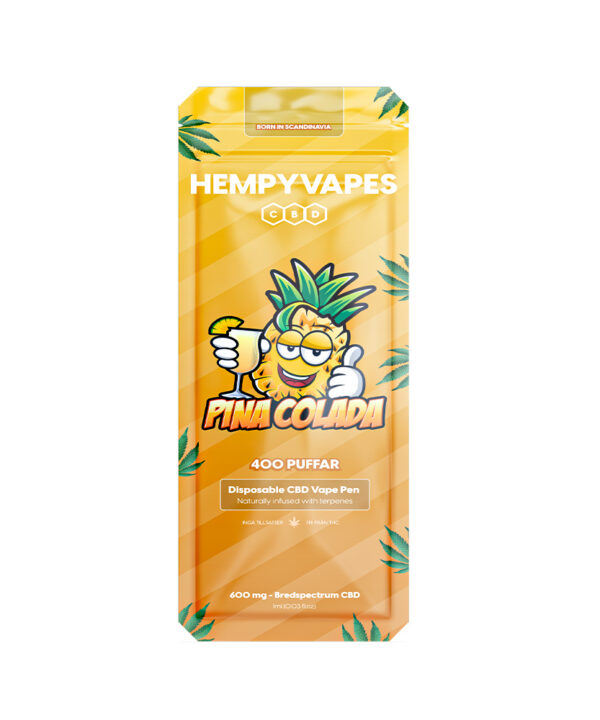 Nærbillede af Pina Colada HempyVapes-emballage med ananas-maskot der holder en drink