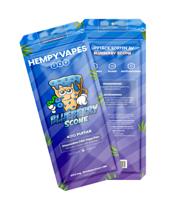 To Blueberry Scone HempyVapes-emballager vist i fuld bredde med maskot og produktinfo