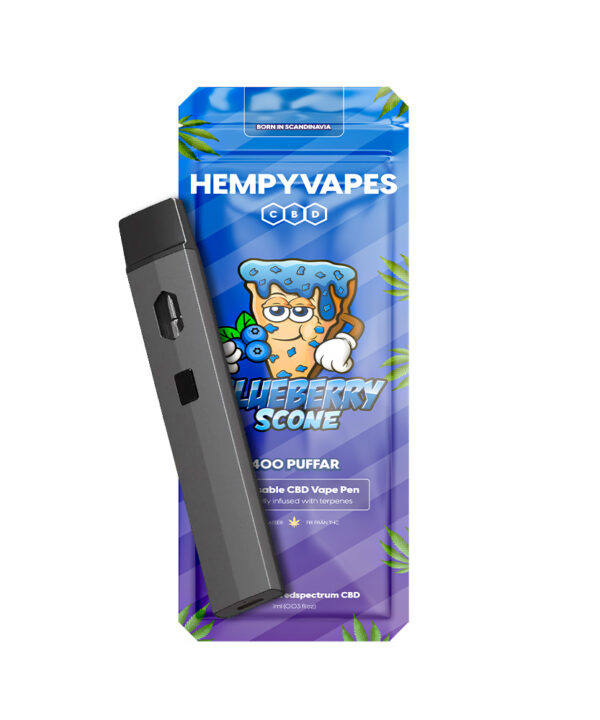 Blå Blueberry Scone HempyVapes-emballage med sort engangsvape ved siden af