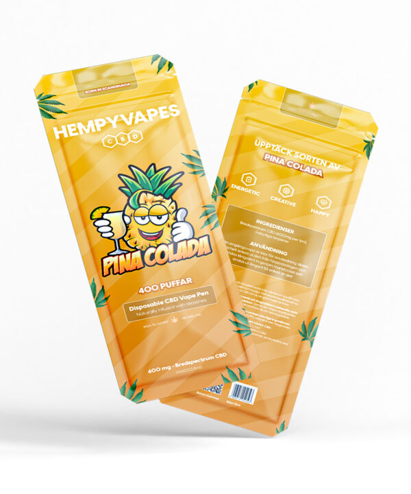 To Pina Colada HempyVapes-emballager skråtstillet, en med ananas-maskot og en med produktinfo