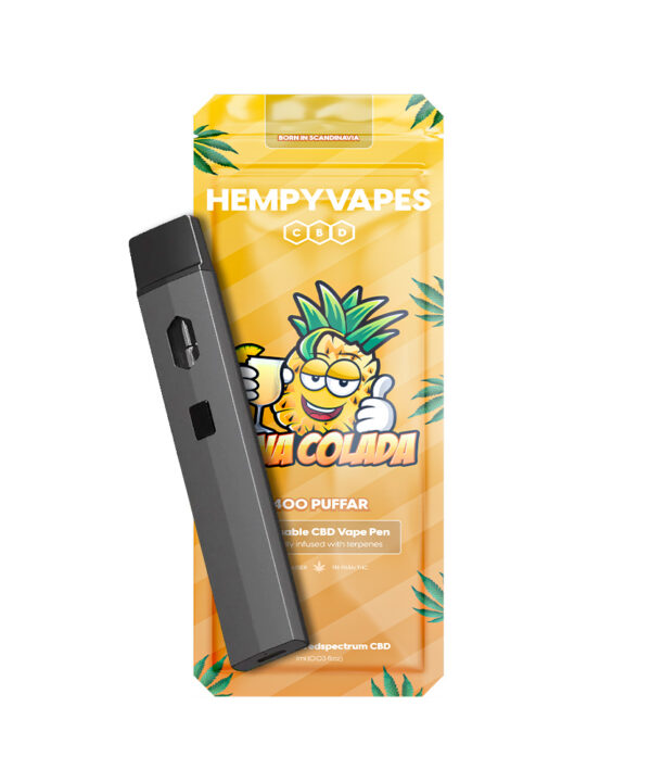 Gul Pina Colada HempyVapes-emballage med sort engangsvape ved siden af