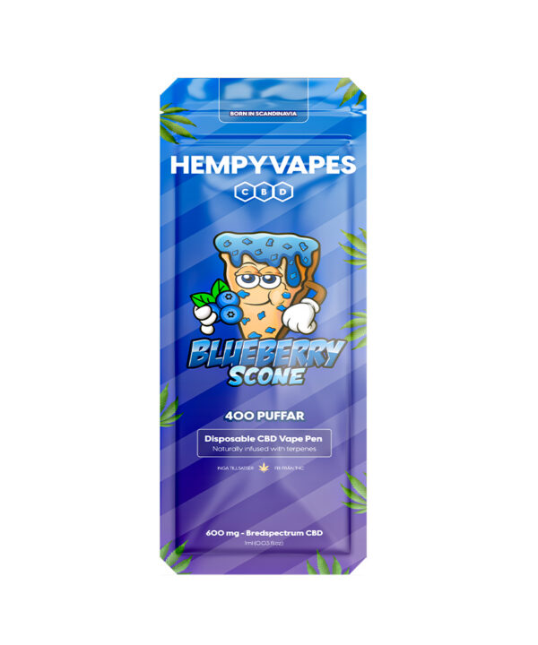 Blå Blueberry Scone HempyVapes-emballage med scone-maskot og blåbær set forfra