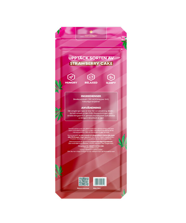 Informationspanel på Strawberry Cake HempyVapes-emballagen med ikoner for Hungry, Relaxed og Sleepy