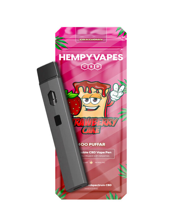 Pink Strawberry Cake HempyVapes-emballage med sort engangsvape ved siden af