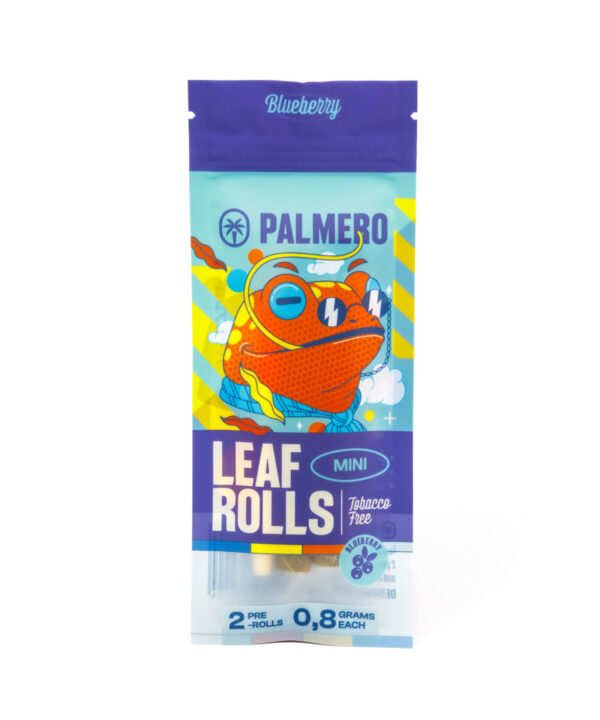 Nærbillede af Palmero Pre Rolls-emballagen i blåbærsmag med lilla og turkis design