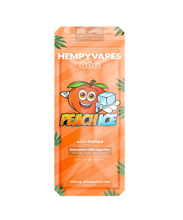 Orange HempyVapes-emballage med ferskenmaskot set direkte forfra