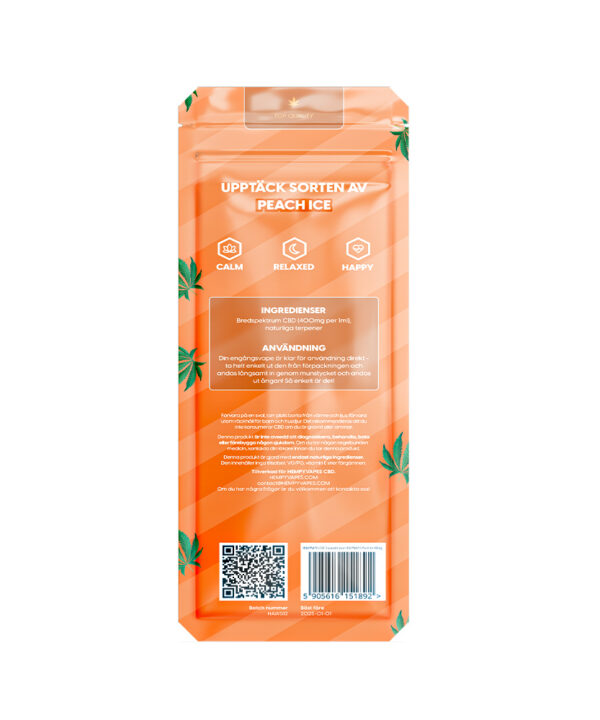 Emballagepanel for Peach Ice HempyVapes med ikoner for Calm, Relaxed og Happy samt ingrediensliste