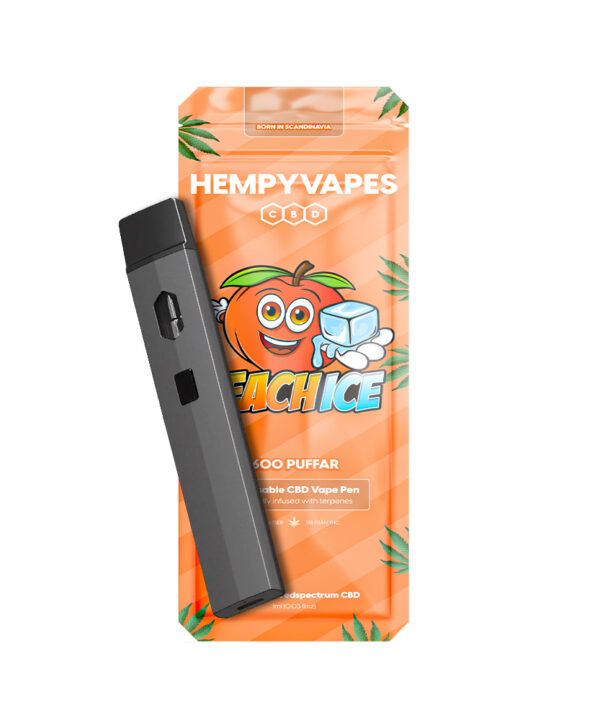 Sort engangsvape foran Peach Ice HempyVapes-emballagen