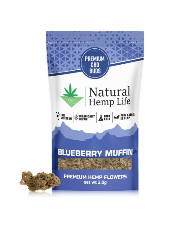 Forsiden af Blueberry Muffin CBD Buds-emballagen med blåt mønster og Premium CBD Buds-mærkat