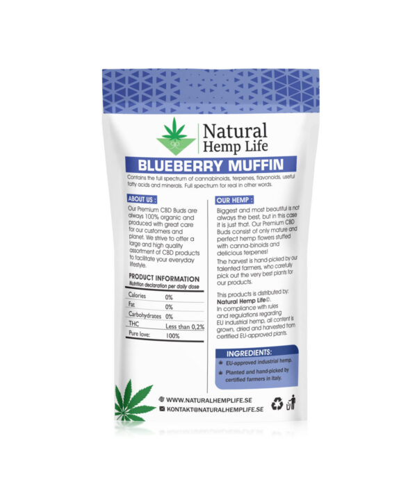 Bagsiden af Blueberry Muffin CBD Buds-emballagen med produktinformation og Natural Hemp Life-logo