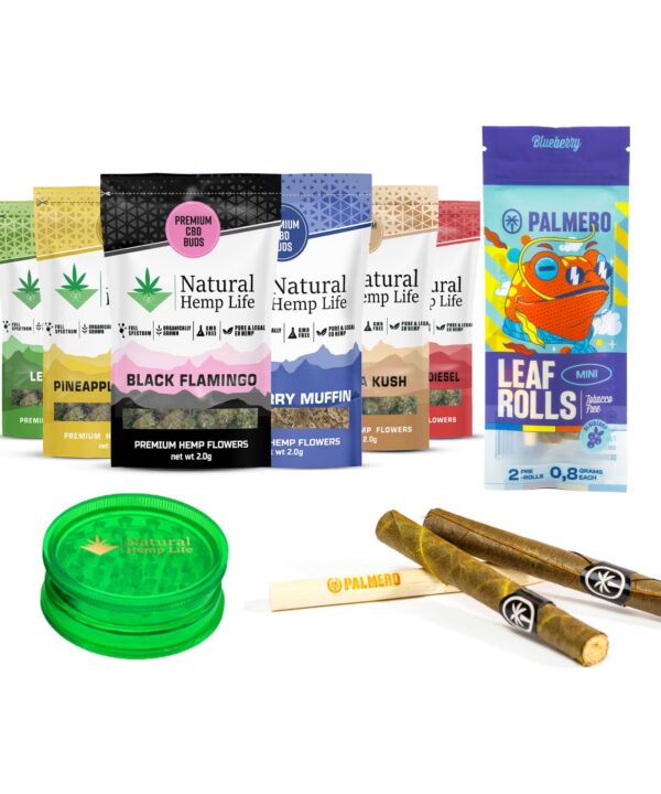 Række af farverige CBD Buds-poser fra Natural Hemp Life i grøn, gul, sort, blå, beige, rød og regnbuefarvet emballage