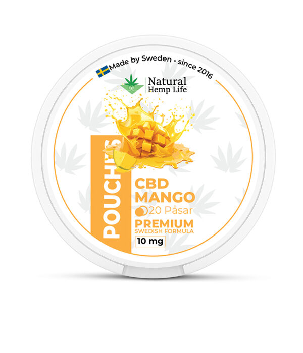 Rundt dåselåg til CBD Pouches med mango-illustration og orange design