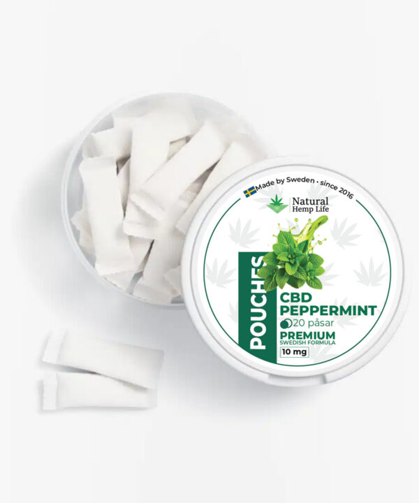 Ovenfra-billede af Äben dÄse med hvide CBD-pouches i pebermyntesmag