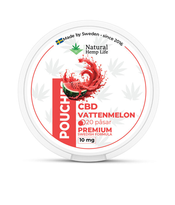 Rundt dåselåg til CBD Pouches med vandmelon-illustration og rødt design