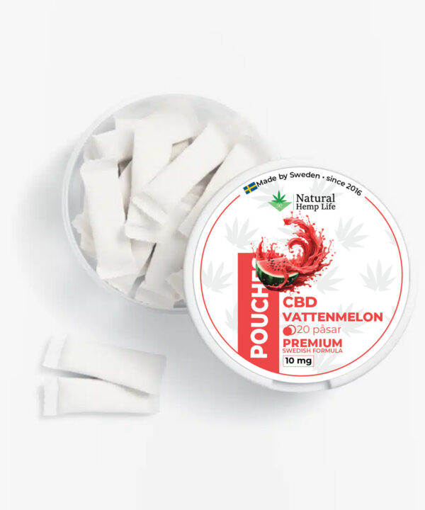 Ovenfra-billede af Äben dÄse med hvide CBD-pouches i vandmelonsmag