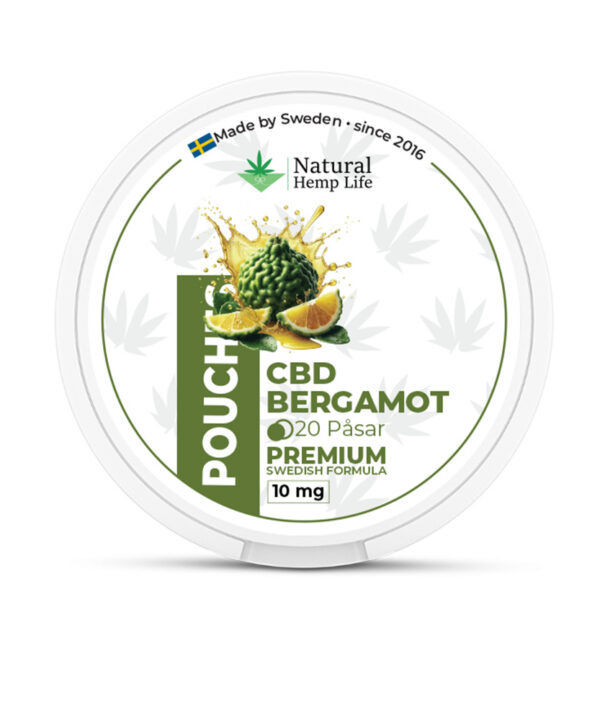 Rundt dåselåg til CBD Pouches med bergamot-frugt illustration og Natural Hemp Life-logo