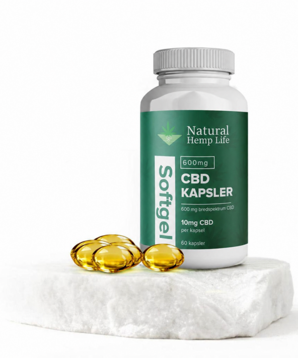 Hvid dåse med grøn etiket – CBD Kapsler Softgel 600 mg fra Natural Hemp Life