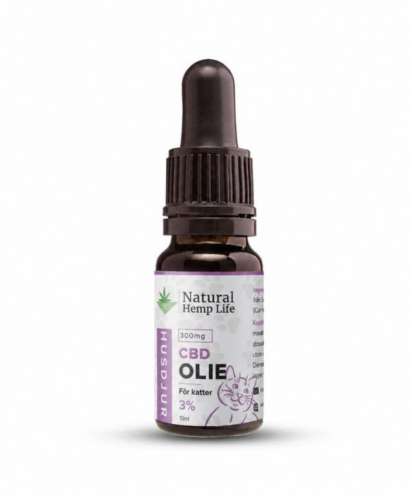 Mørk dråbeflaske med CBD-olie 3% til katte fra Natural Hemp Life, lilla etiket