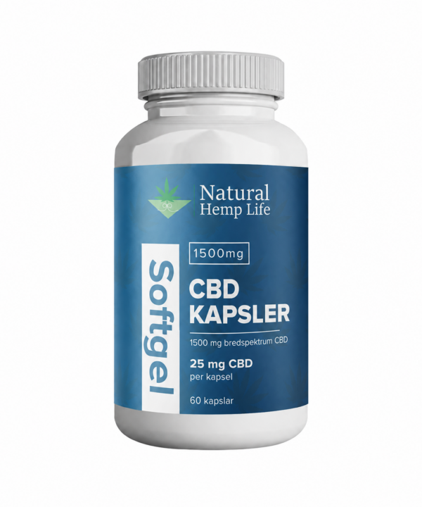 Hvid banke med blåt etiket – CBD Kapsler Softgel 1500mg fra Natural Hemp Life