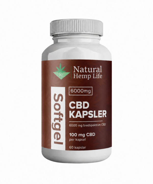 Hvid banke med brunt etiket – CBD Kapsler Softgel 6000mg fra Natural Hemp Life