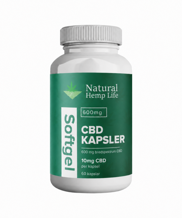 Hvid banke med grønt etiket – CBD Kapsler Softgel 600mg fra Natural Hemp Life
