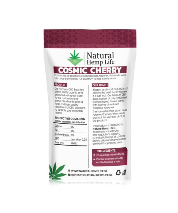 Bagside af Cosmic Cherry Premium CBD Buds emballage med ingredienser, THC-indhold og produktinformation
