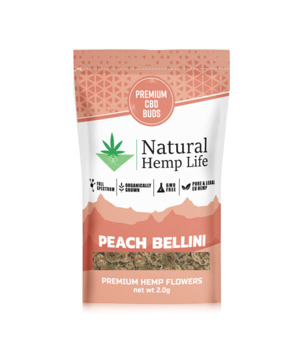 Peach Bellini Premium CBD Buds – pose med 2.0g håndtrimmede CBD-hampeblomster fra Natural Hemp Life
