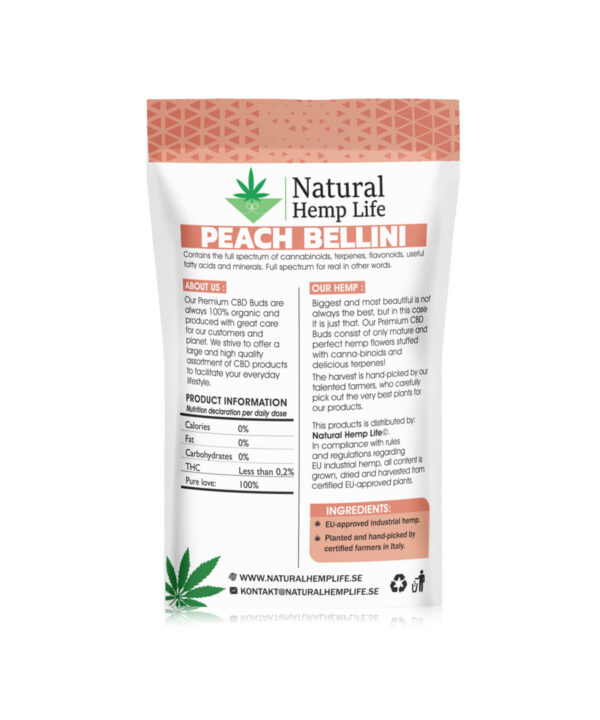 Bagside af Peach Bellini Premium CBD Buds emballage med ingredienser, THC-indhold og produktinformation