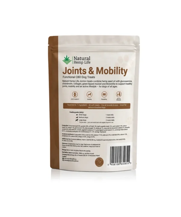 Bagsiden af posen med CBD hundegodbidder Joints & Mobility med ingredienser, analytiske bestanddele og doseringsvejledning