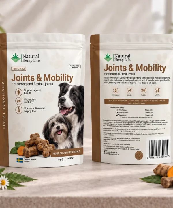 Forside og bagside af posen med CBD hundegodbidder Joints & Mobility 125mg fra Natural Hemp Life