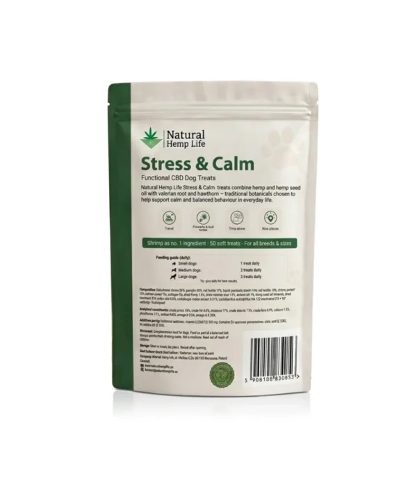 Bagsiden af posen med CBD hundegodbidder Stress & Calm med ingredienser, analytiske bestanddele og doseringsvejledning