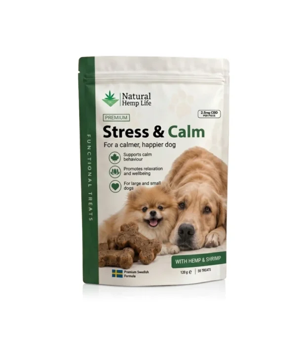 CBD hundegodbidder Stress & Calm 125mg fra Natural Hemp Life, 50 beroligende bløde tyggebidder til en afslappet hund