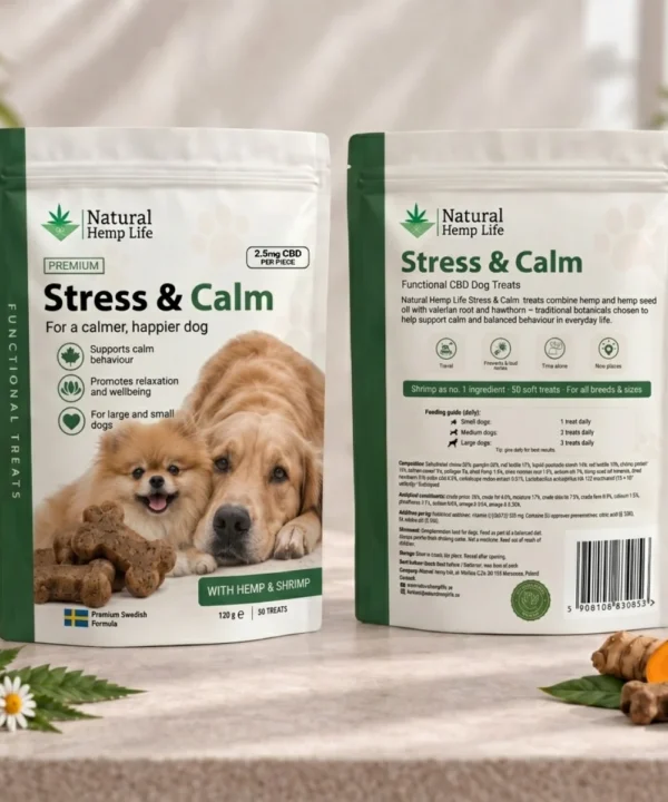 Forside og bagside af posen med CBD hundegodbidder Stress & Calm 125mg fra Natural Hemp Life